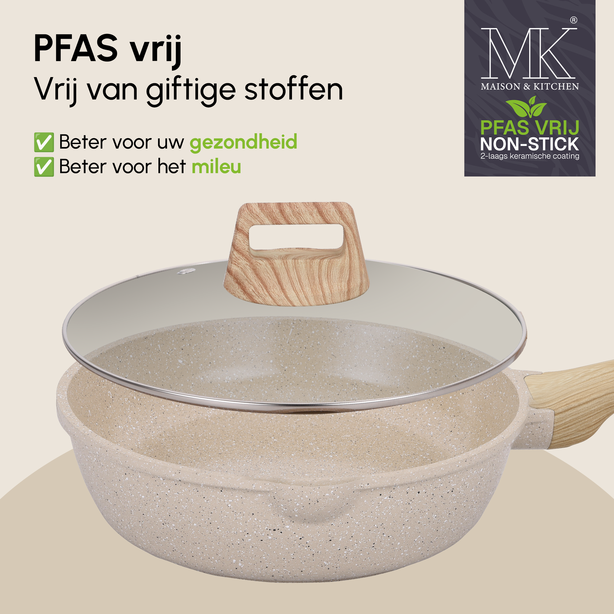 Fry pan - Wokpan - Keramische coating - 28 cm - PFAS-vrij - Beige